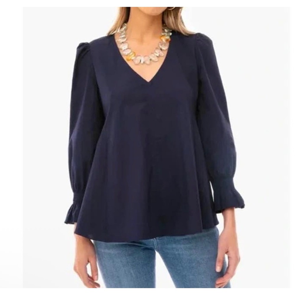NEW Pomander Place V-Neck easton Blouse Women XS Navy Blue Ruffle Poplin Y20953T
